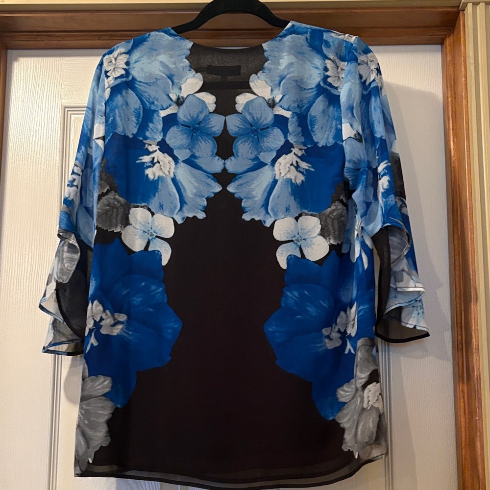 Calvin Klein Floral V-Neck Blouse in Blue and Black - Picture 4 of 4